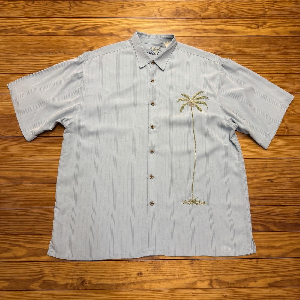 Bamboo Cay Palm Tree Embroidered Hawaiian Camp Shirt Blue XL Resort Aloha